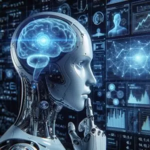 Capa conceitual de IA: Robô pensativo com cérebro neural e telas de análise de dados, ilustrando conceitos de machine learning e redes neurais artificiais.