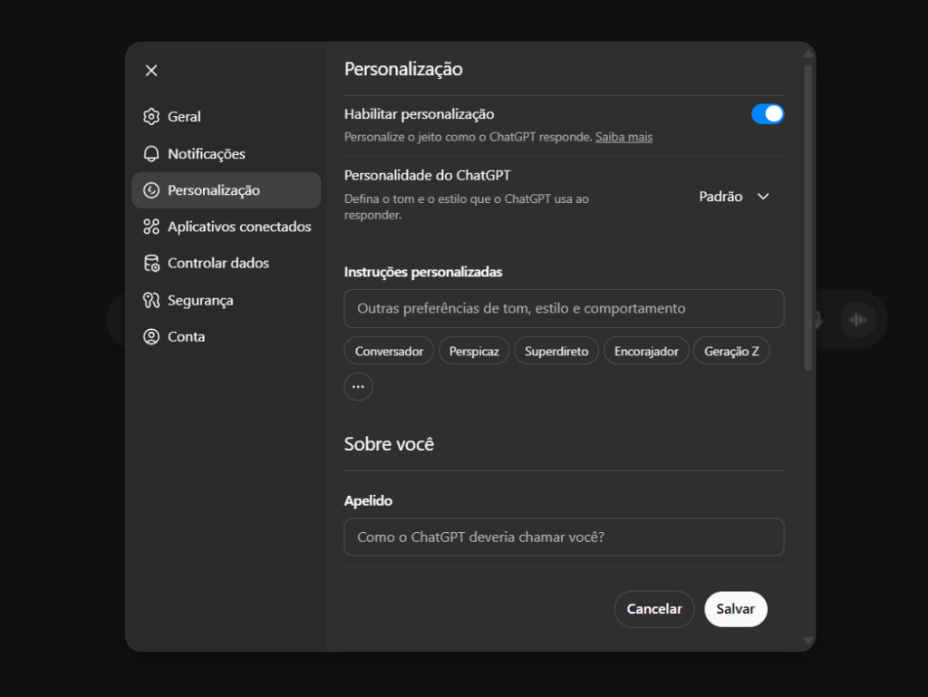 Configuração das Instruções Personalizadas no ChatGPT - janela Personalização aberta