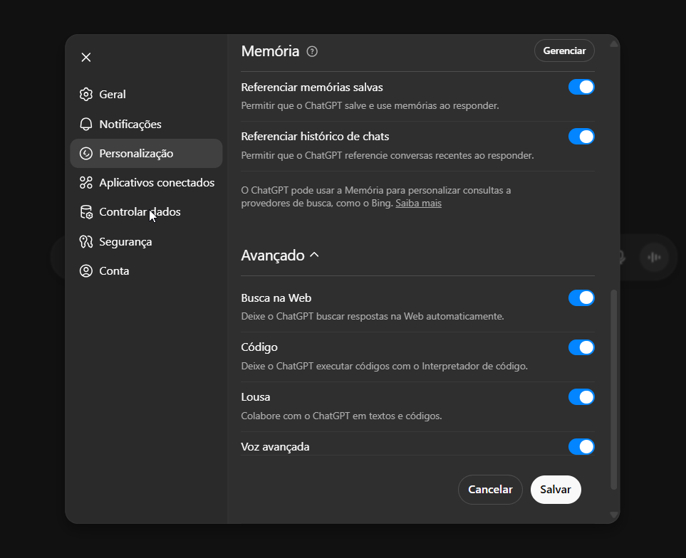 Ativando recursos de Memória e ferramentas avançadas no ChatGPT