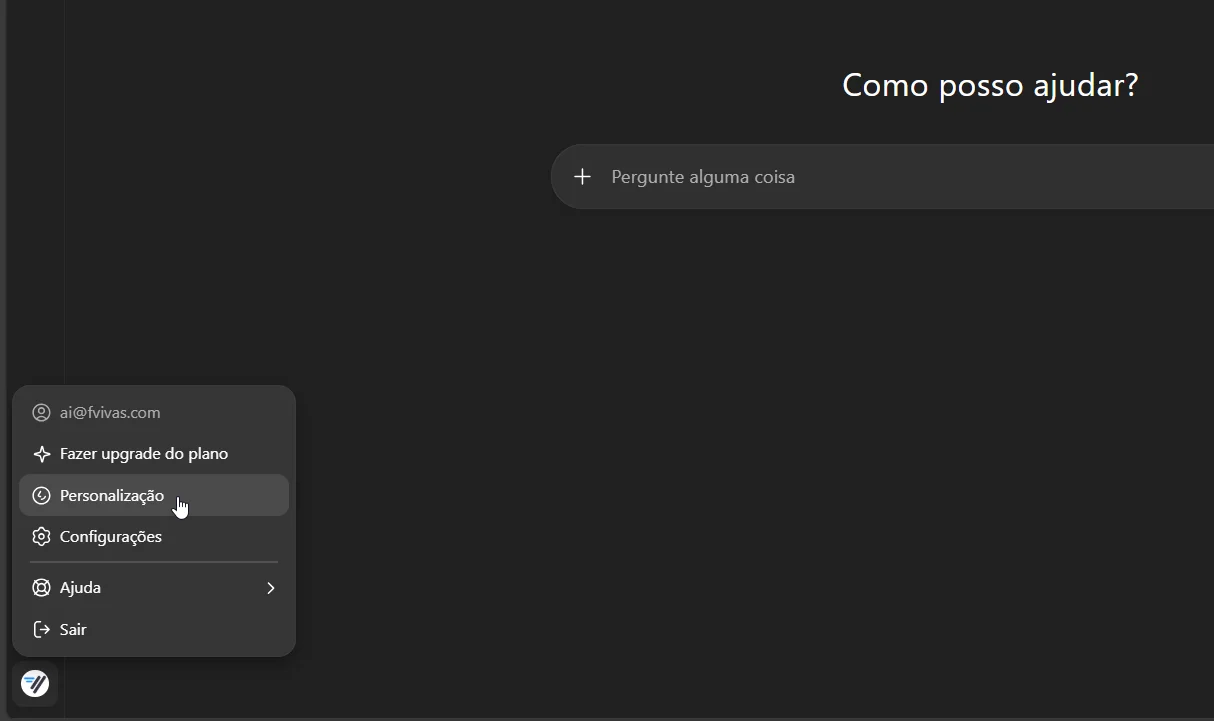Janela de acesso à aba "Personalização" do ChatGPT (setembro/2025)