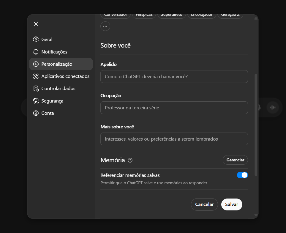 Campos de personalização do usuário na seção “Sobre você” do ChatGPT