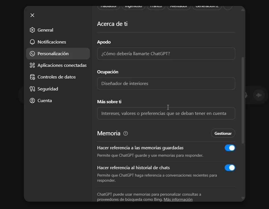 Campos de personalización del usuario en la sección “Acerca de ti” en ChatGPT