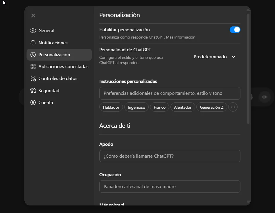 Configuración de Instrucciones Personalizadas en ChatGPT – ventana de Personalización abierta