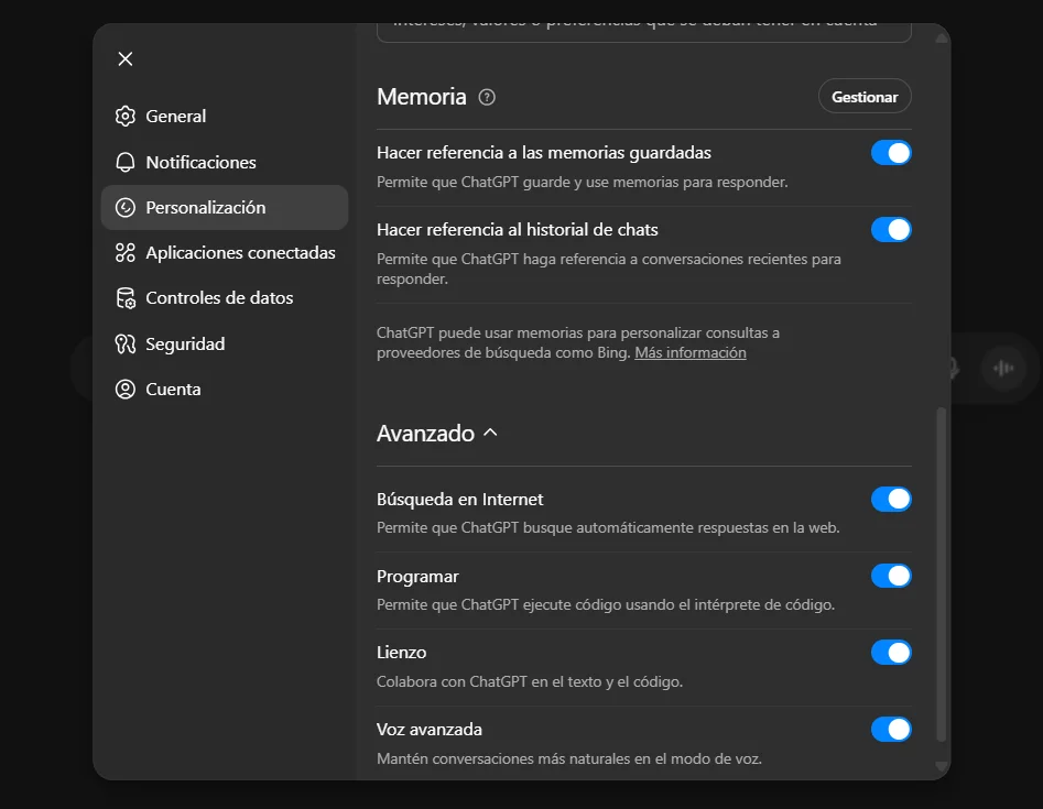 Activación de funciones de Memoria y herramientas avanzadas en ChatGPT