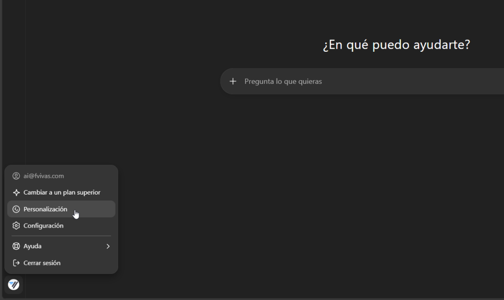 Ventana de acceso a la pestaña “Personalización” de ChatGPT (septiembre de 2025)