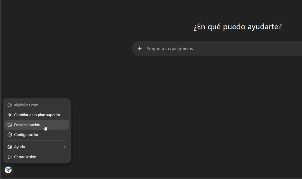 Ventana de acceso a la pestaña “Personalización” de ChatGPT (septiembre de 2025)