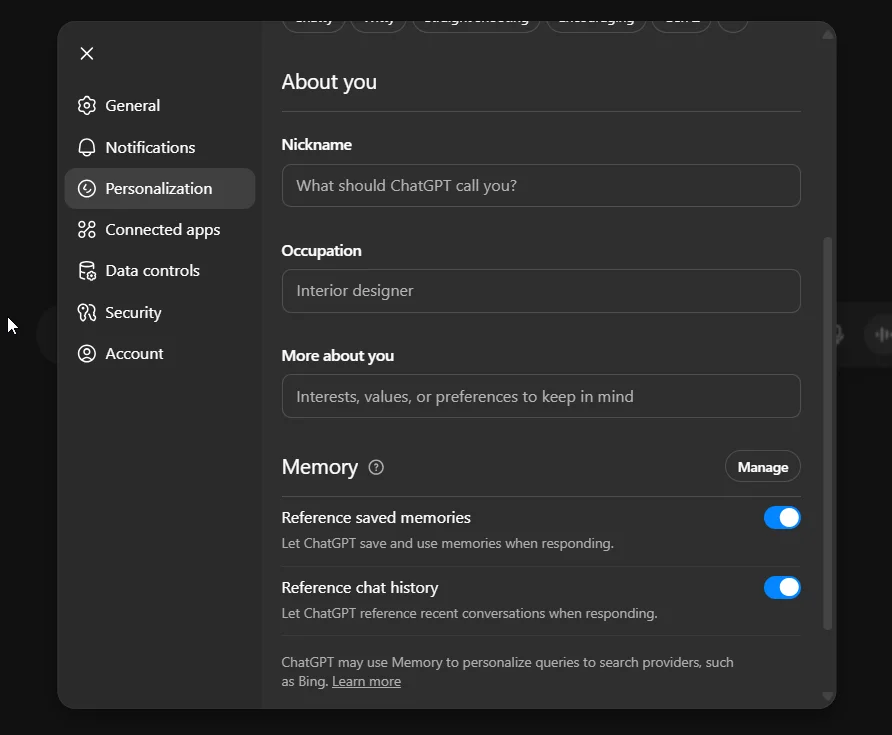 User customization fields in the “About you” section of ChatGPT