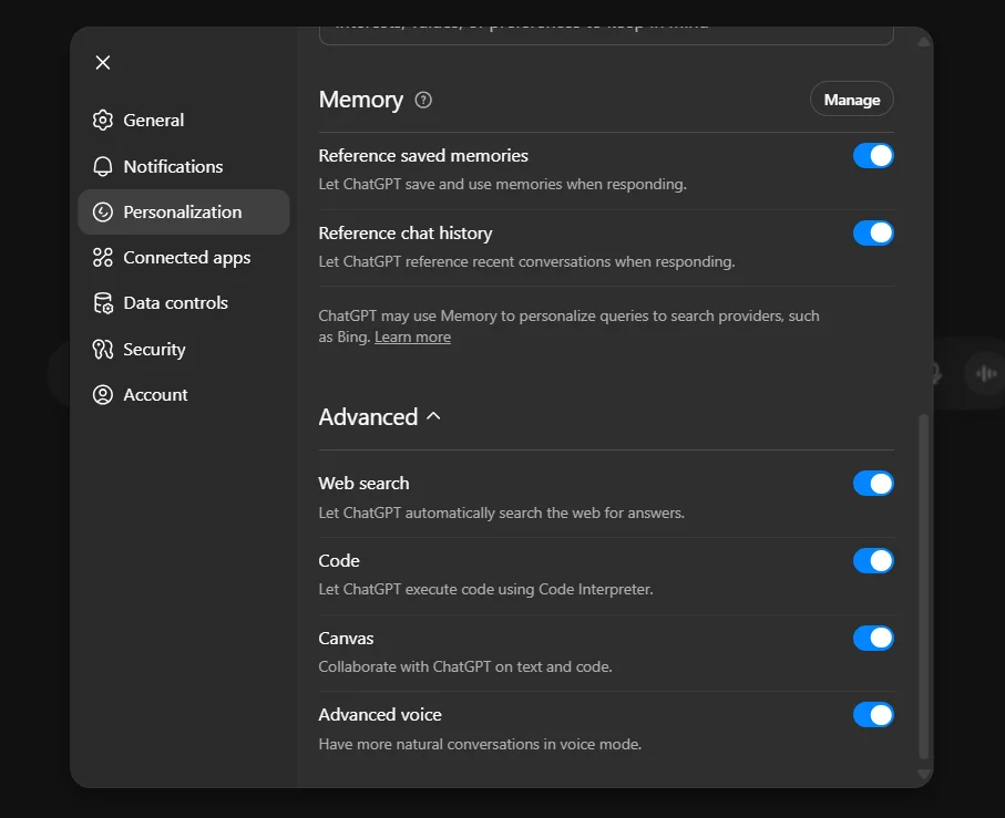 Activating Memory and advanced tools in ChatGPT