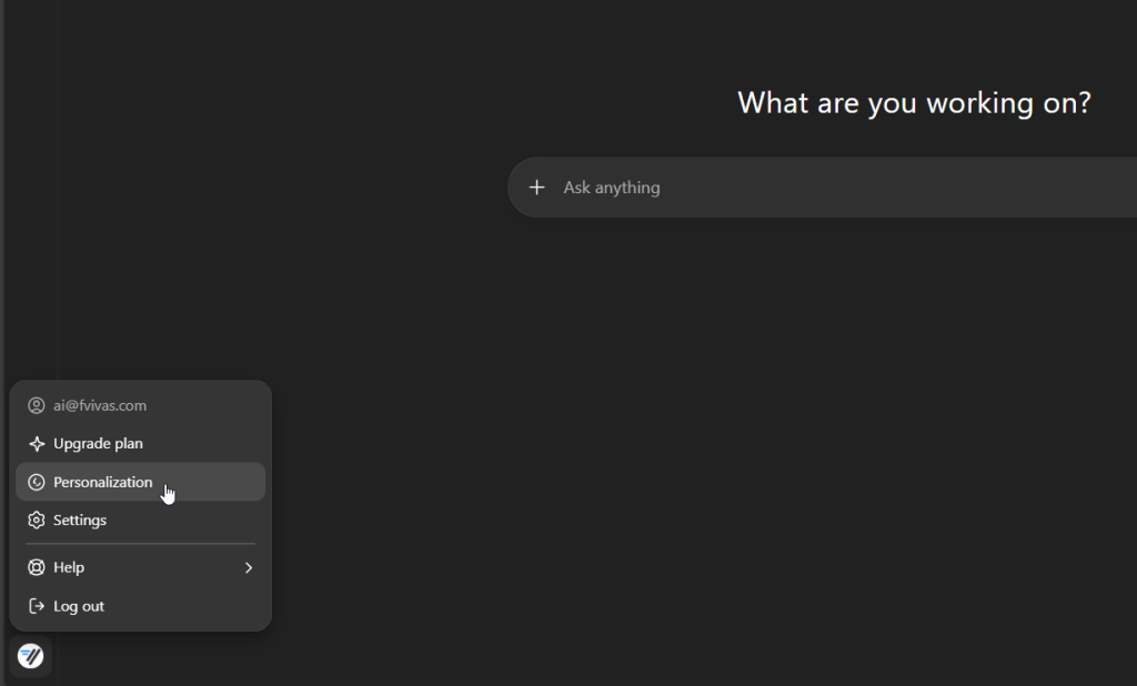 Window to access the “Personalization” tab in ChatGPT (September/2025)