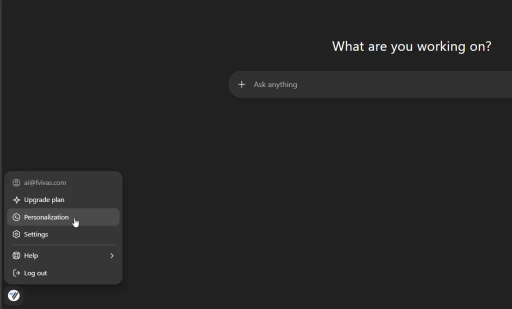 Window to access the “Personalization” tab in ChatGPT (September/2025)
