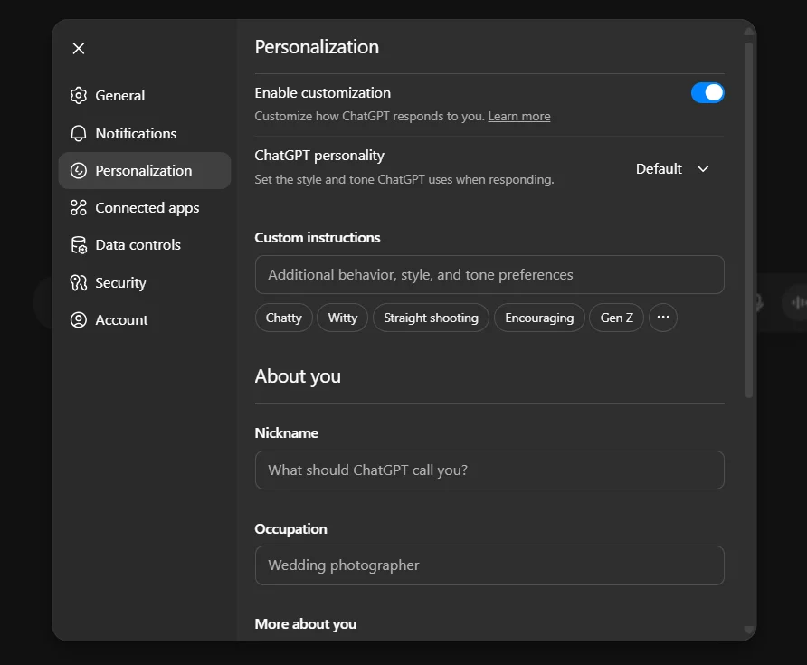 ChatGPT Custom Instructions configuration – Personalization window open