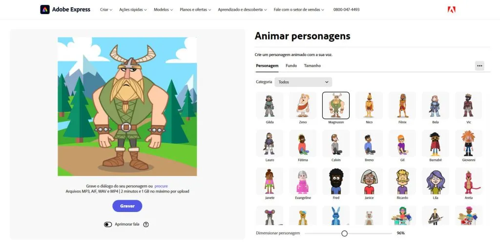 Usando IA para Entreter as Crianças: 12 Dicas Divertidas e Práticas 7 Screenshot do Adobe Express Animate Characters: interface IA animando personagem com sincronia labial para dublagens infantis divertidas.