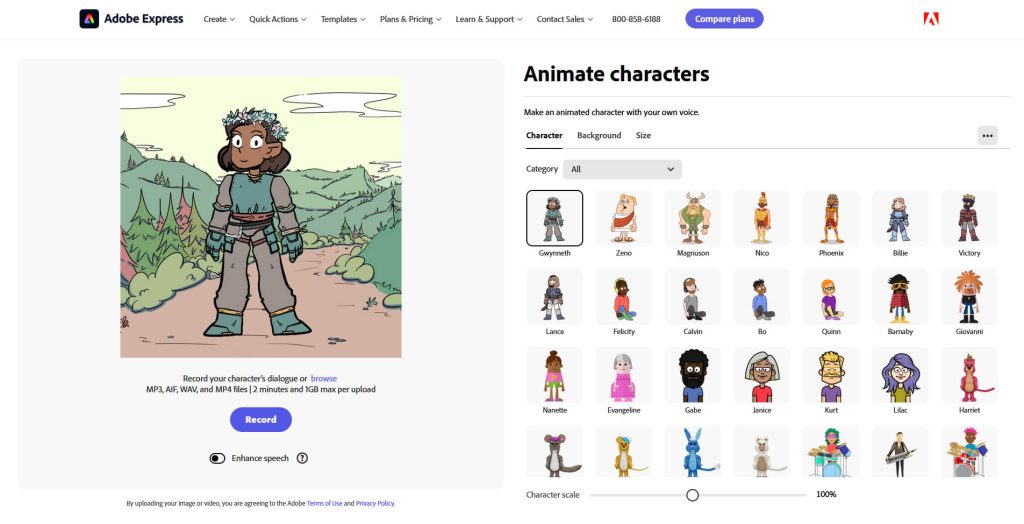 Using AI to Entertain Kids: 12 Fun and Practical Tips 7 Adobe Express Animate Characters screenshot: AI interface animating a character with lip-sync for fun kids’ dubbing.