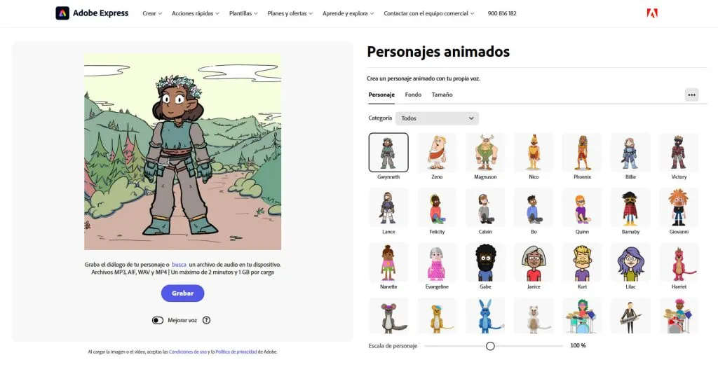 Usar IA para Entretener a los Niños: 12 Consejos Divertidos y Prácticos 7 Screenshot de Adobe Express Animate Characters: interfaz de IA animando un personaje con sincronización labial para doblajes infantiles divertidos.