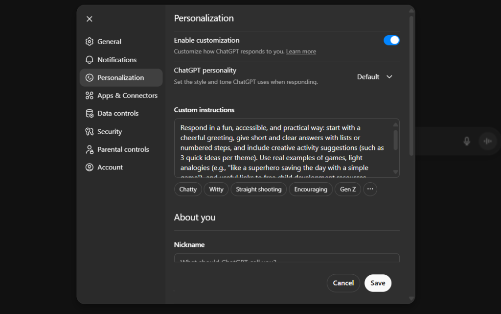 Using AI to Entertain Kids: 15 Creative and Fun Tips for 2025 2 Screenshot of the ChatGPT Customization window set up as a kids’ entertainer for AI tips with children in 2025.