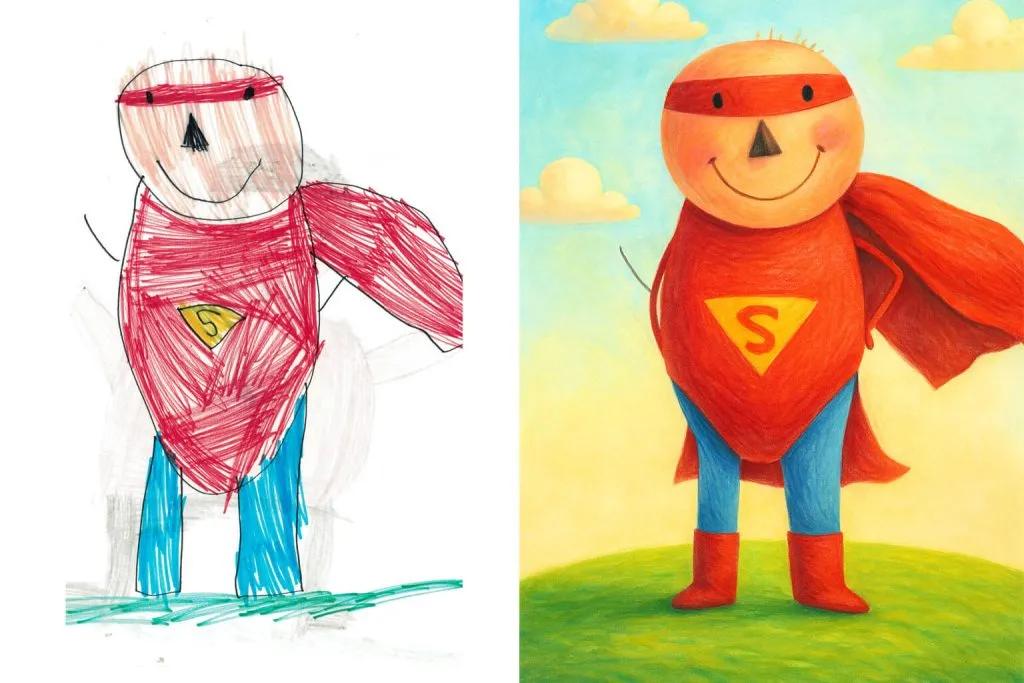 Usar IA para Entretener a los Niños: 15 Consejos Creativos y Divertidos para 2025 7 Comparación IA: dibujo infantil original junto a la versión mejorada generada en ChatGPT con trazos coloridos y detalles artísticos para niños.