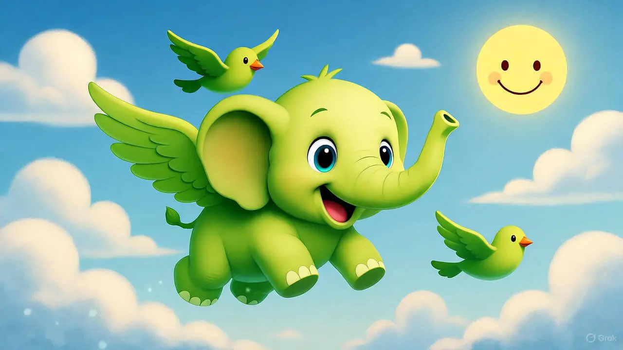 Usar IA para Entretener a los Niños: 15 Consejos Creativos y Divertidos para 2025 5 Imagen generada por Grok: elefante verde con alas gigantes volando entre nubes, ejemplo de prompt de IA para imágenes divertidas con niños.