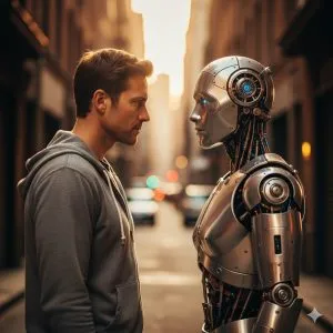 Una mirada entre el hombre y la máquina — imagen generada con Gemini Nano Banana, que representa la conexión entre los humanos y la nueva era de la IA.