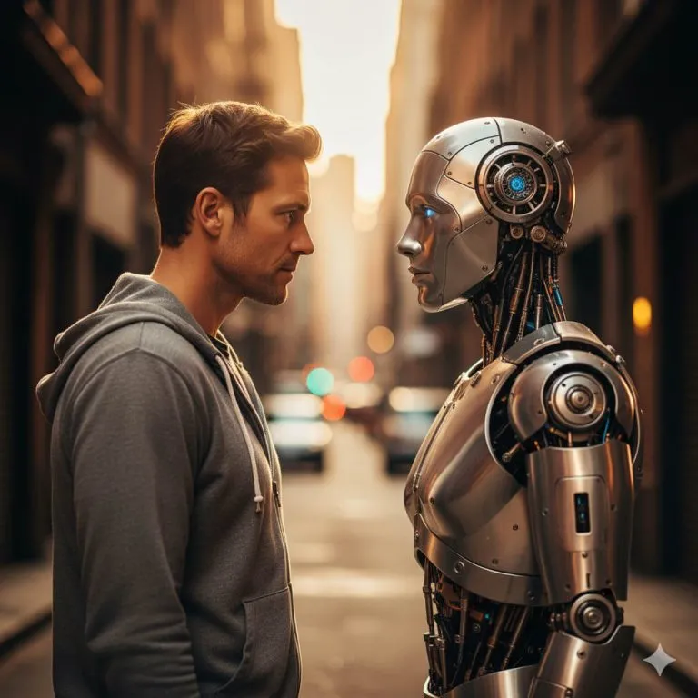 Um olhar entre homem e máquina — imagem gerada com o Gemini Nano Banana, representando a conexão entre humanos e a nova era da IA.