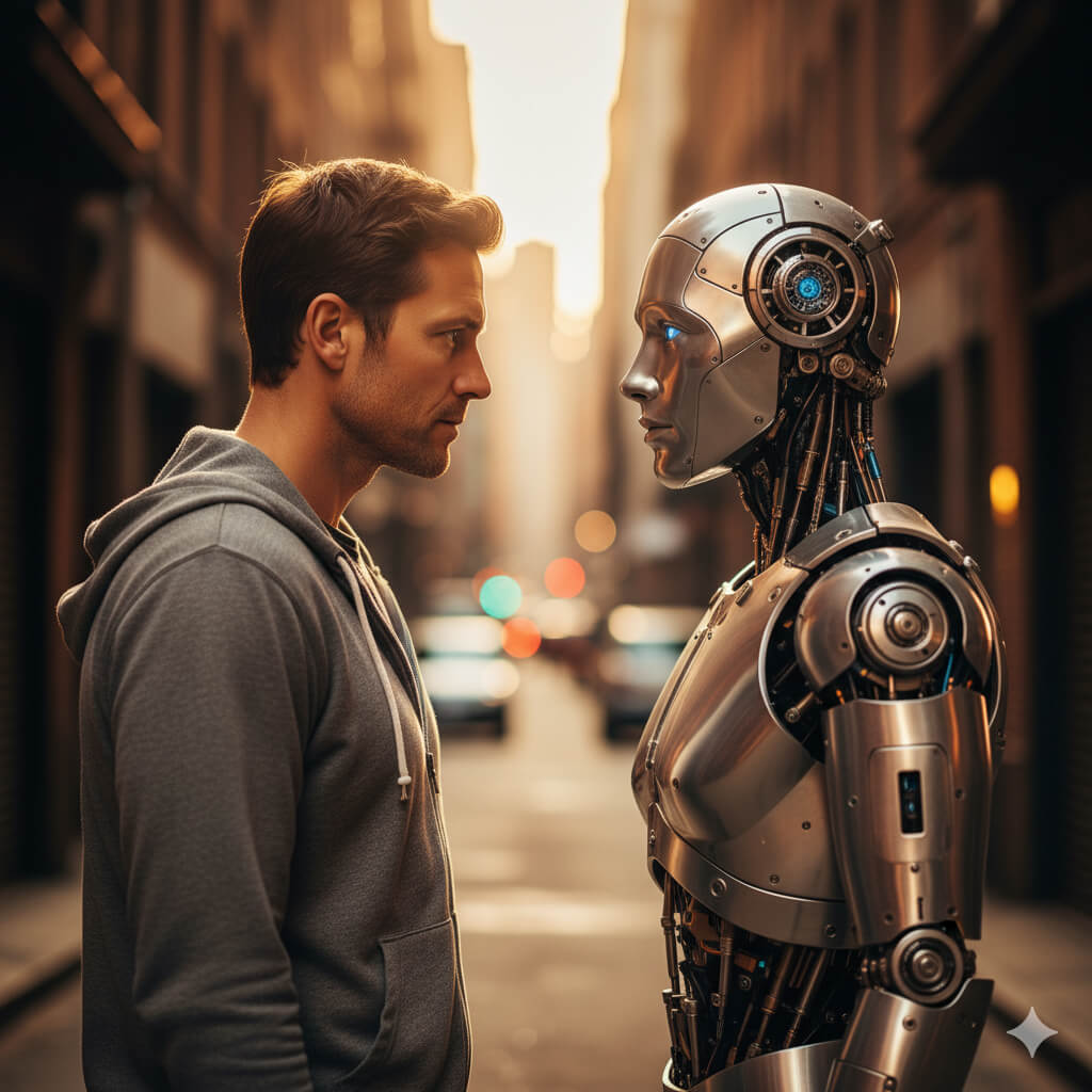 Um olhar entre homem e máquina — imagem gerada com o Gemini Nano Banana, representando a conexão entre humanos e a nova era da IA.