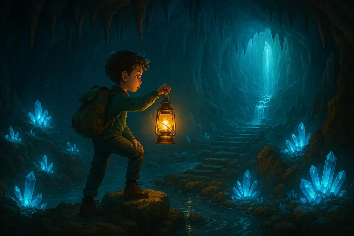 Usar IA para Entretener a los Niños: 15 Consejos Creativos y Divertidos para 2025 6 Imagen generada en Microsoft Copilot: niño aventurero explorando una cueva mágica para ilustrar historias infantiles con IA.