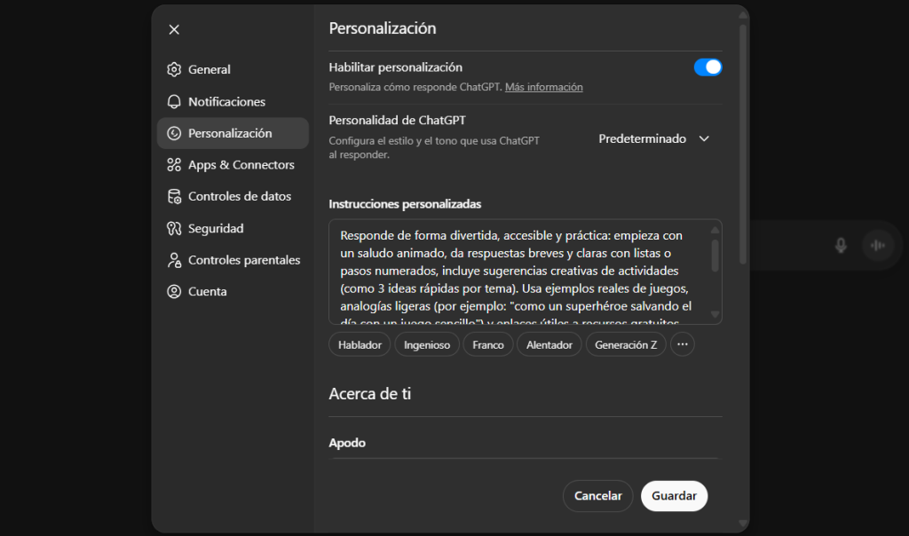 Usar IA para Entretener a los Niños: 15 Consejos Creativos y Divertidos para 2025 2 Captura de pantalla de la ventana de Personalización en ChatGPT configurada como animador infantil para consejos de IA con niños en 2025.
