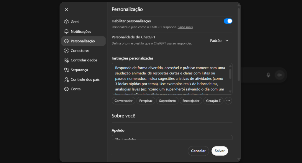 Usando IA para Entreter as Crianças: 15 Dicas Criativas e Divertidas para 2025 2 Screenshot da janela de Personalização no ChatGPT configurada como animador infantil para dicas de IA com crianças em 2025.