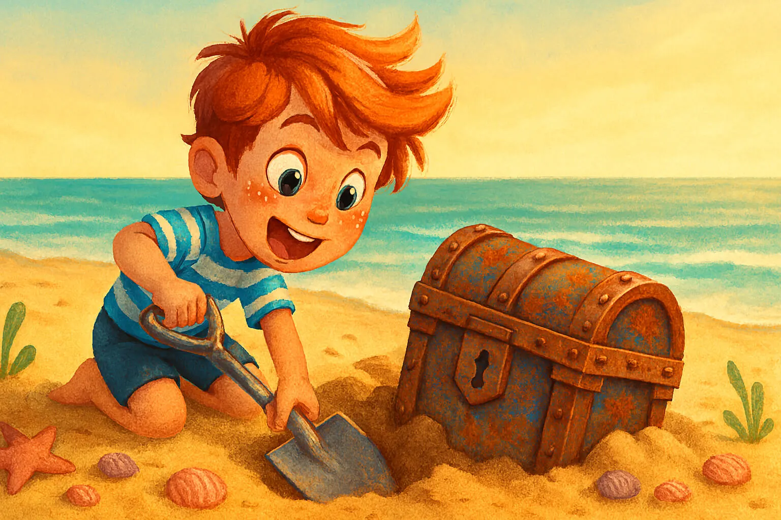 Usar IA para Entretener a los Niños: 15 Consejos Creativos y Divertidos para 2025 3 Ilustración generada por IA en Microsoft Copilot: niño descubriendo un tesoro mágico en la playa para inspirar historias infantiles divertidas.
