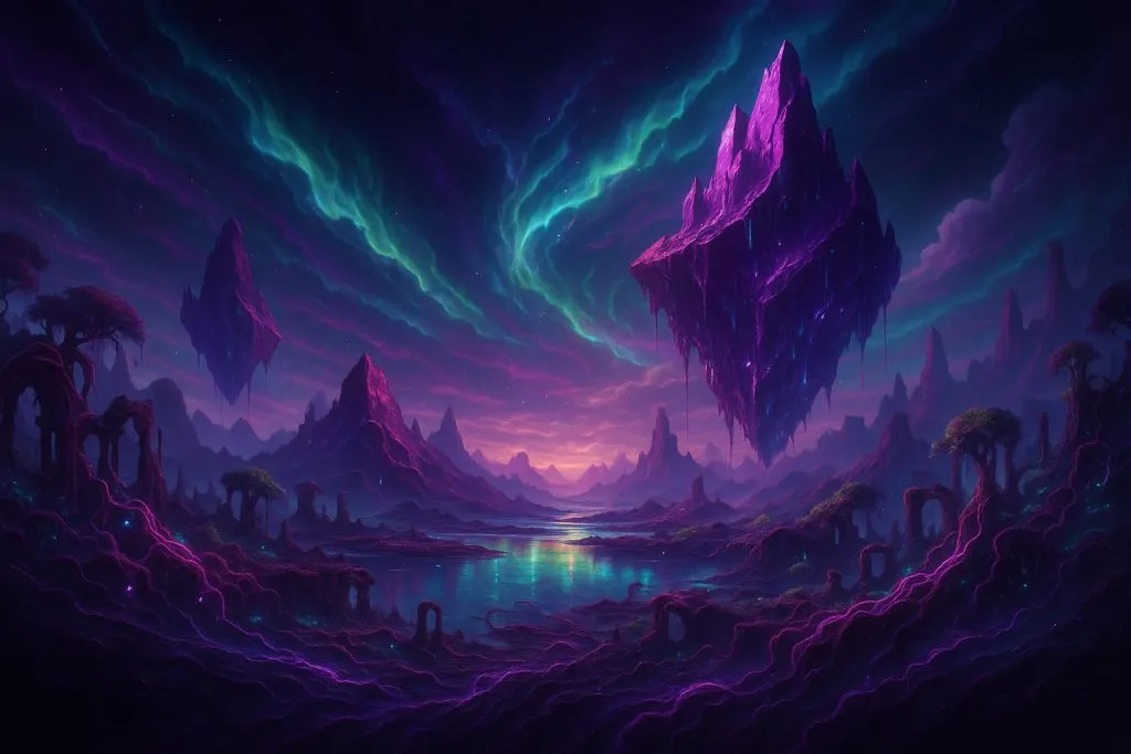 Generadores de Imágenes con IA: ¿Qué Son y Cómo las Crean? 3 Paisaje surrealista con montañas flotantes y colores vibrantes creado por inteligencia artificial, representando la creatividad ilimitada de la IA generativa.