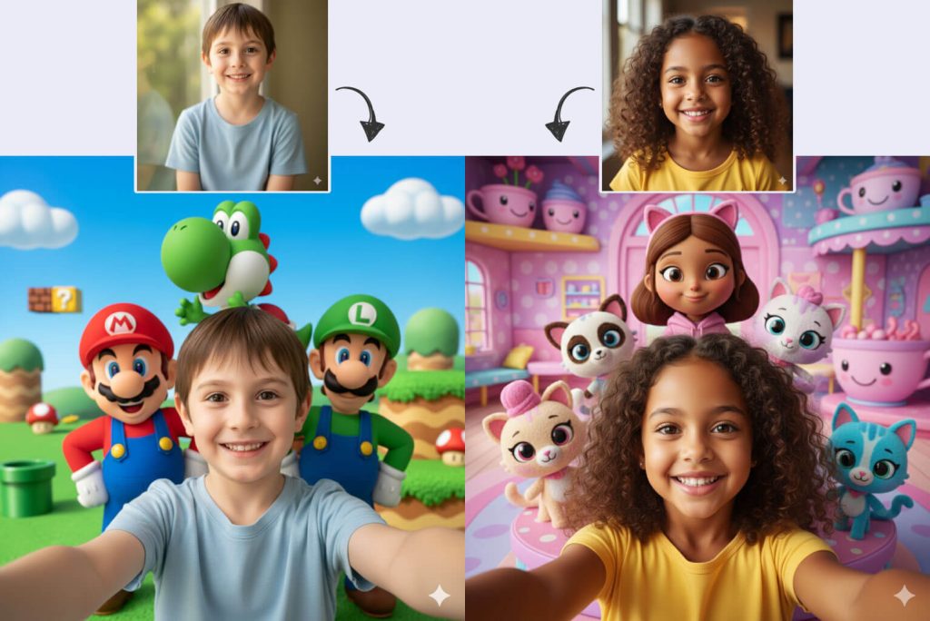 Usando IA para Entreter as Crianças: 15 Dicas Criativas e Divertidas para 2025 8 Montagem gerada no Gemini com Nano Banana: menino em selfie com Mario Bros e menina com personagens de Gabby's Dollhouse para montagens divertidas IA com crianças.