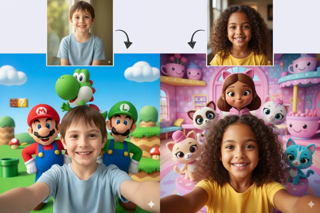 Usar IA para Entretener a los Niños: 15 Consejos Creativos y Divertidos para 2025 8 Montaje generado en Gemini con Nano Banana: niño en selfie con Mario Bros y niña con personajes de Gabby’s Dollhouse para montajes divertidos con IA y niños.
