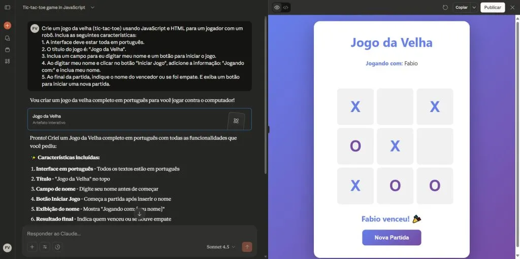Usando IA para Entreter as Crianças: 15 Dicas Criativas e Divertidas para 2025 12 Jogo da velha gerado por Claude AI: interface interativa em português para brincadeiras educativas com crianças.