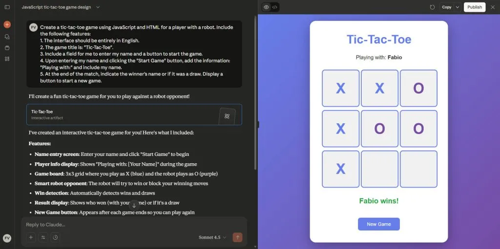 Using AI to Entertain Kids: 15 Creative and Fun Tips for 2025 12 Tic-tac-toe game generated by Claude AI: interactive interface in English for fun educational play.