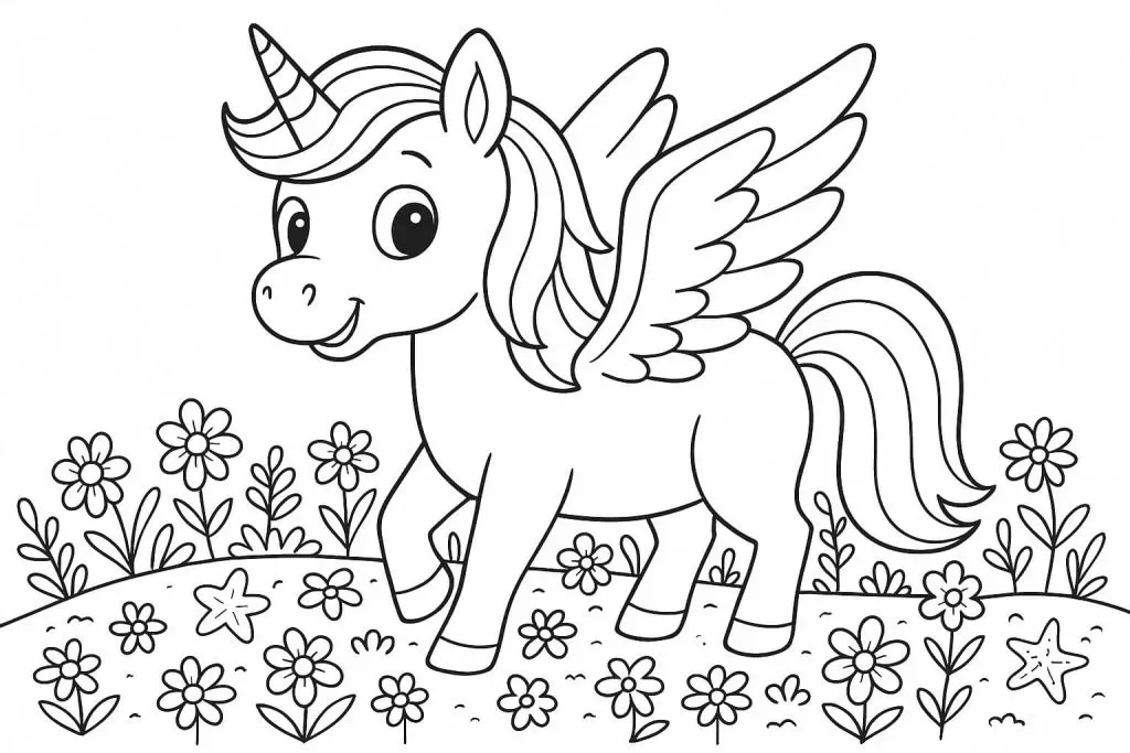 Usar IA para Entretener a los Niños: 12 Consejos Divertidos y Prácticos 5 Página para colorear generada por IA: unicornio con alas en line art blanco y negro para actividades creativas con niños.