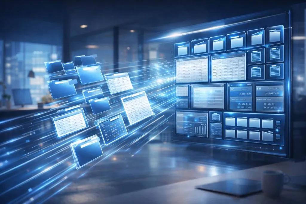 As Ferramentas de IA que Dominaram 2025: Soluções que Transformaram o Mercado 4 Painéis digitais e fluxos de dados automatizados organizados por sistemas de inteligência artificial