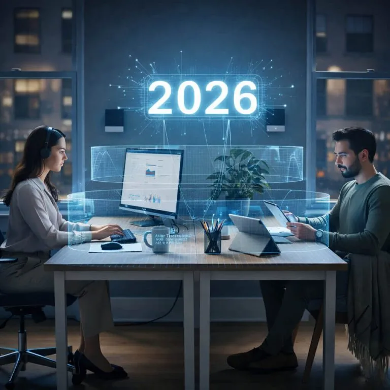 Professionals working with digital systems as artificial intelligence integrates into work in 2026