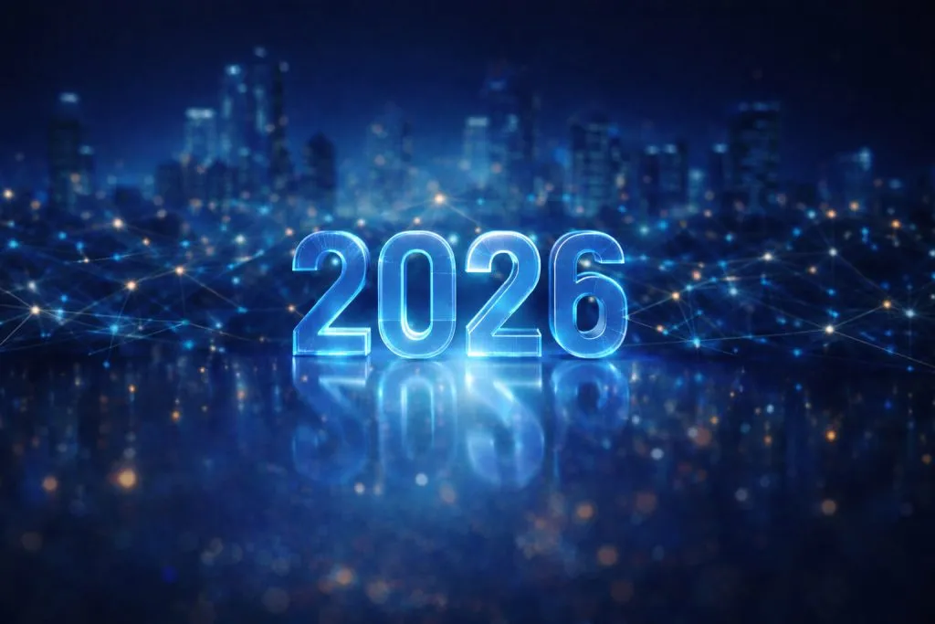 Illuminated 2026 number over a digital network connecting systems and smart cities