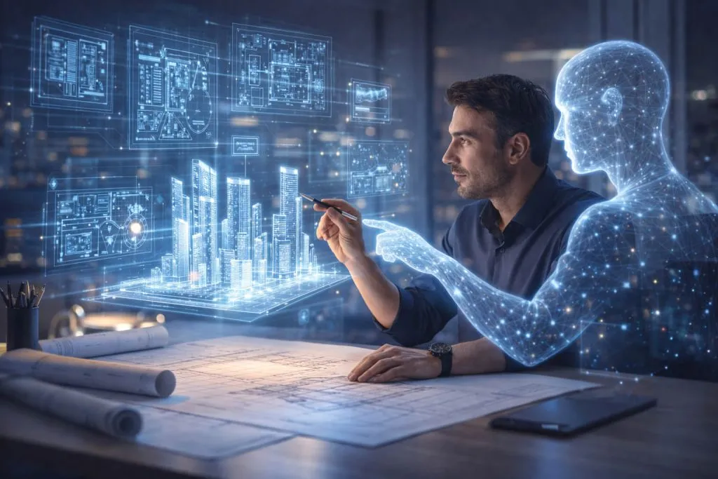 Human professional collaborating with a holographic artificial intelligence agent