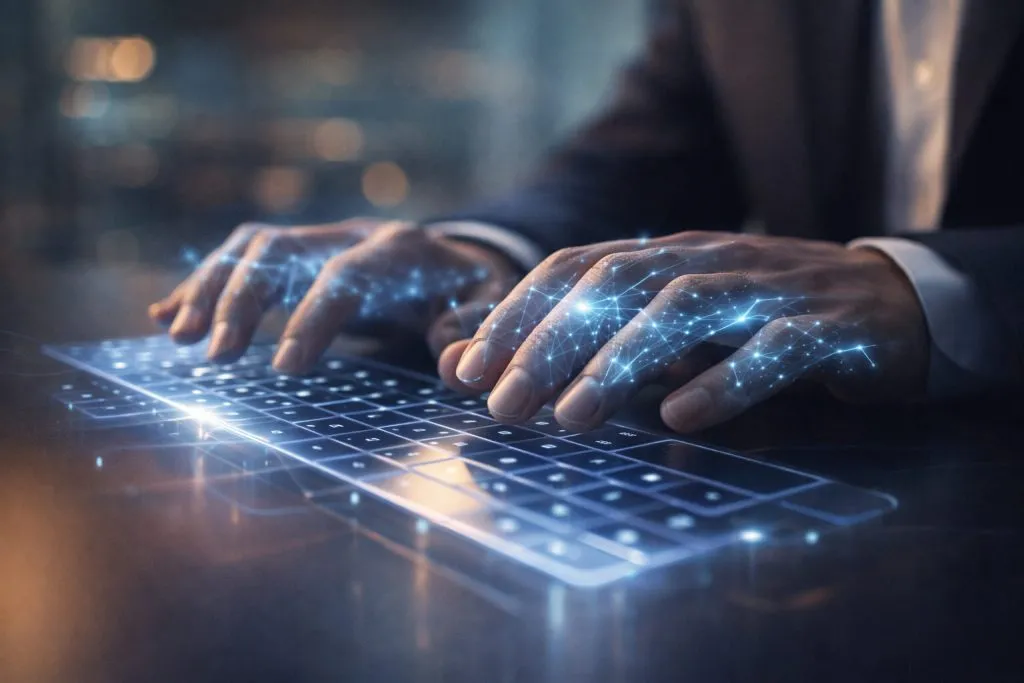 Human hands typing on a keyboard with digital network visualization representing invisible AI