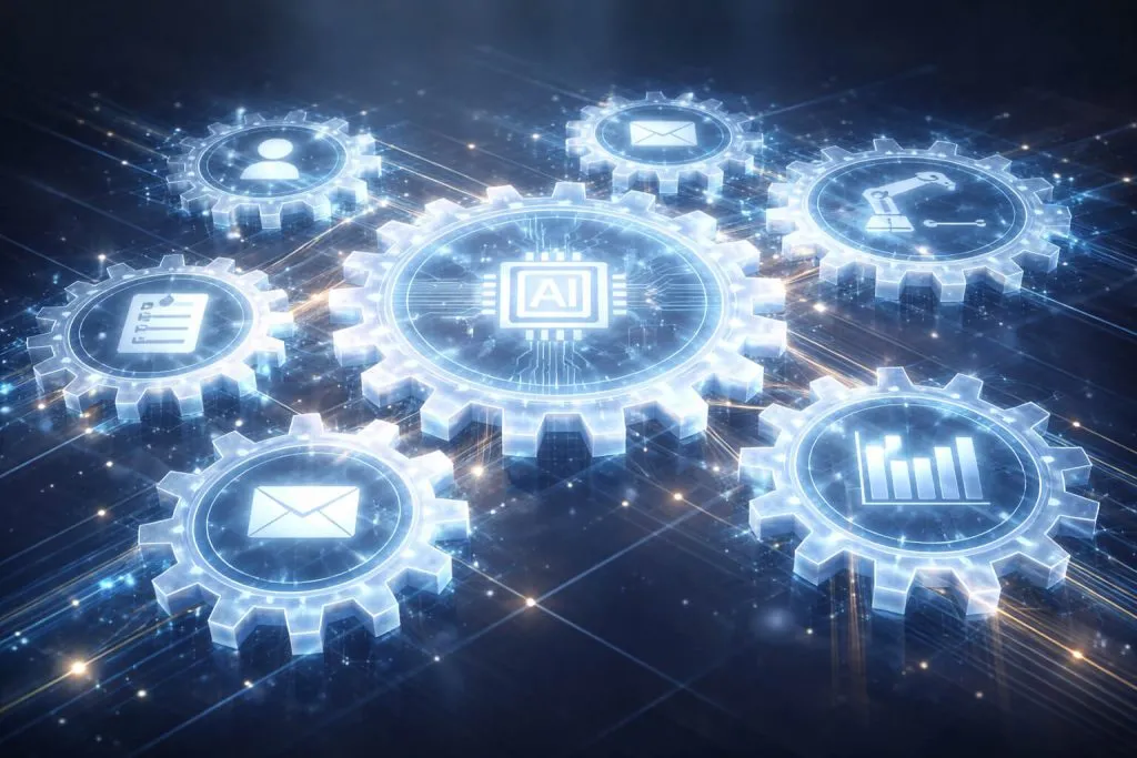 Interconnected digital gears symbolizing automation and governance in artificial intelligence