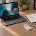 Mesa de trabalho iluminada por janela com notebook de tela abstrata, caderno com traços não legíveis, recibo genérico e smartphone de tela desfocada