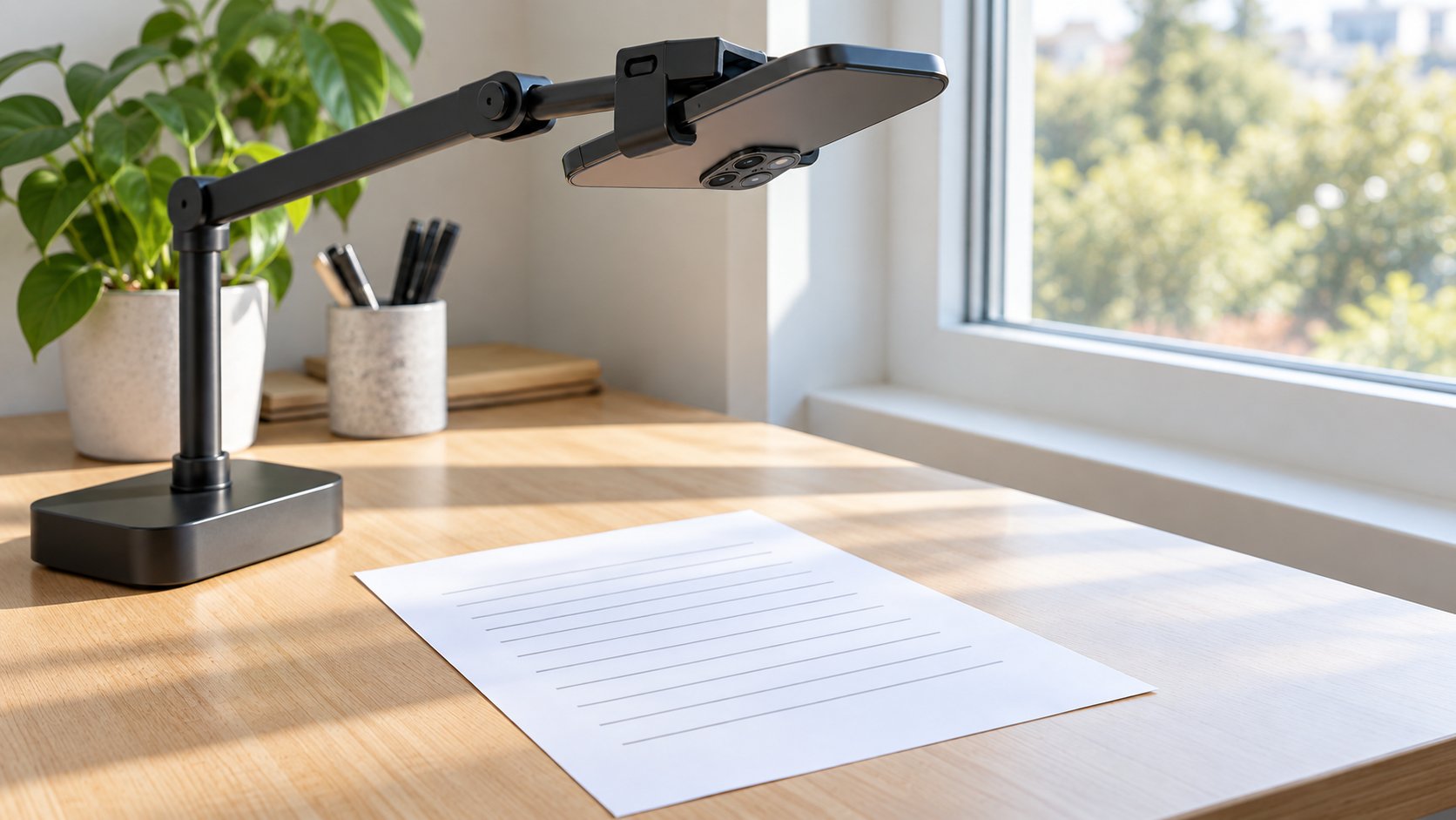 Generic smartphone secured to a stand, with its rear camera pointing at a full white sheet of paper on a light wooden desk under even lighting