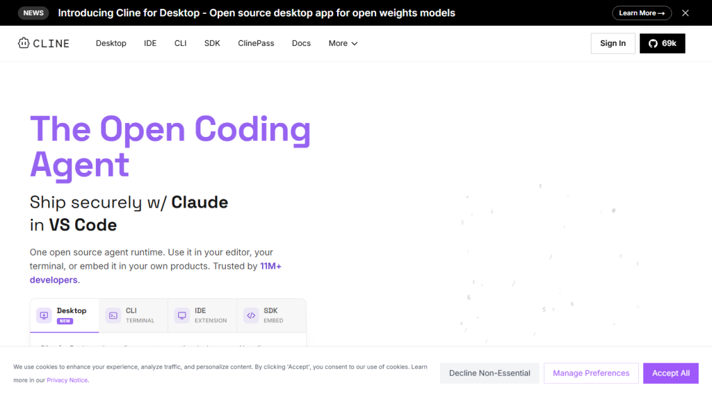 Screenshot da interface de Cline