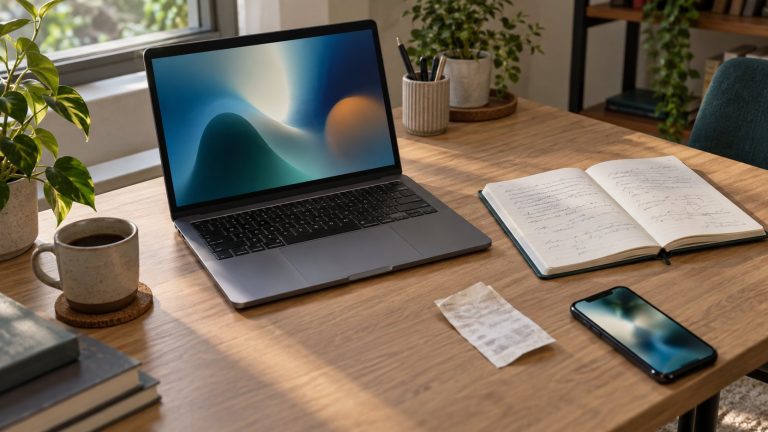 7 usos prácticos de la visión por IA en el día a día (y cómo evitar errores) 1 Mesa de trabajo iluminada por una ventana con portátil de pantalla abstracta, cuaderno con trazos no legibles, recibo genérico y teléfono con pantalla desenfocada