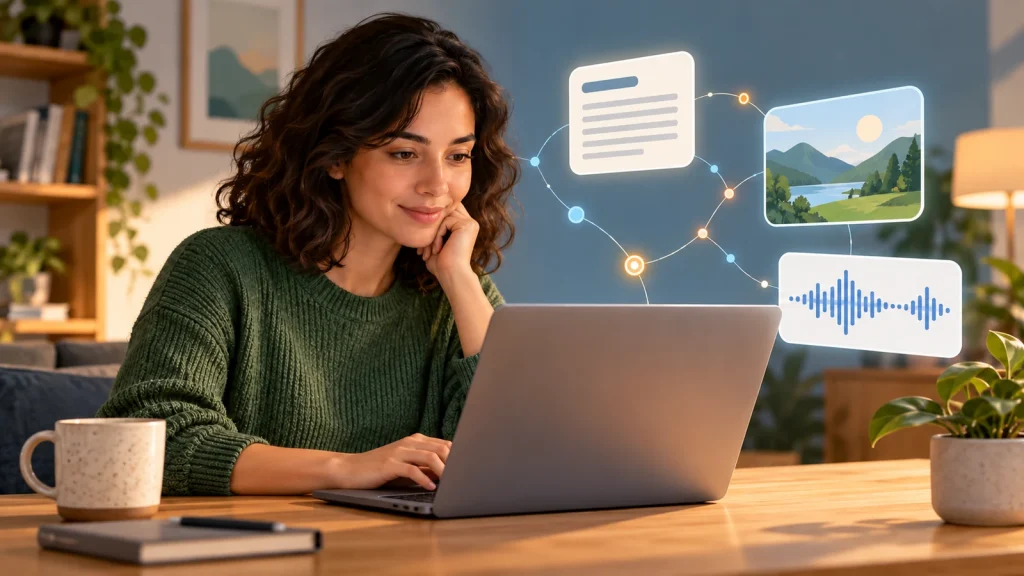 Woman using a laptop, with connected representations of text, images, and audio.