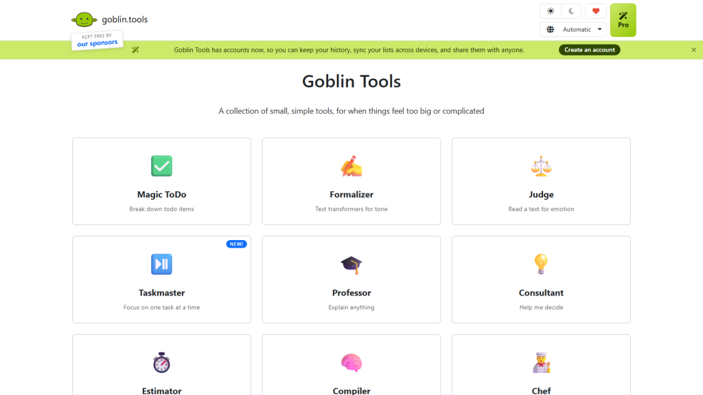 Screenshot da interface de Goblin Tools