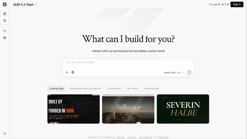 Screenshot da interface de Z.ai / GLM